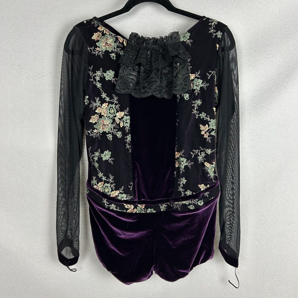 Mara Alternative Dance Medium Purple Velvet Mesh Floral Embroidered Leotard